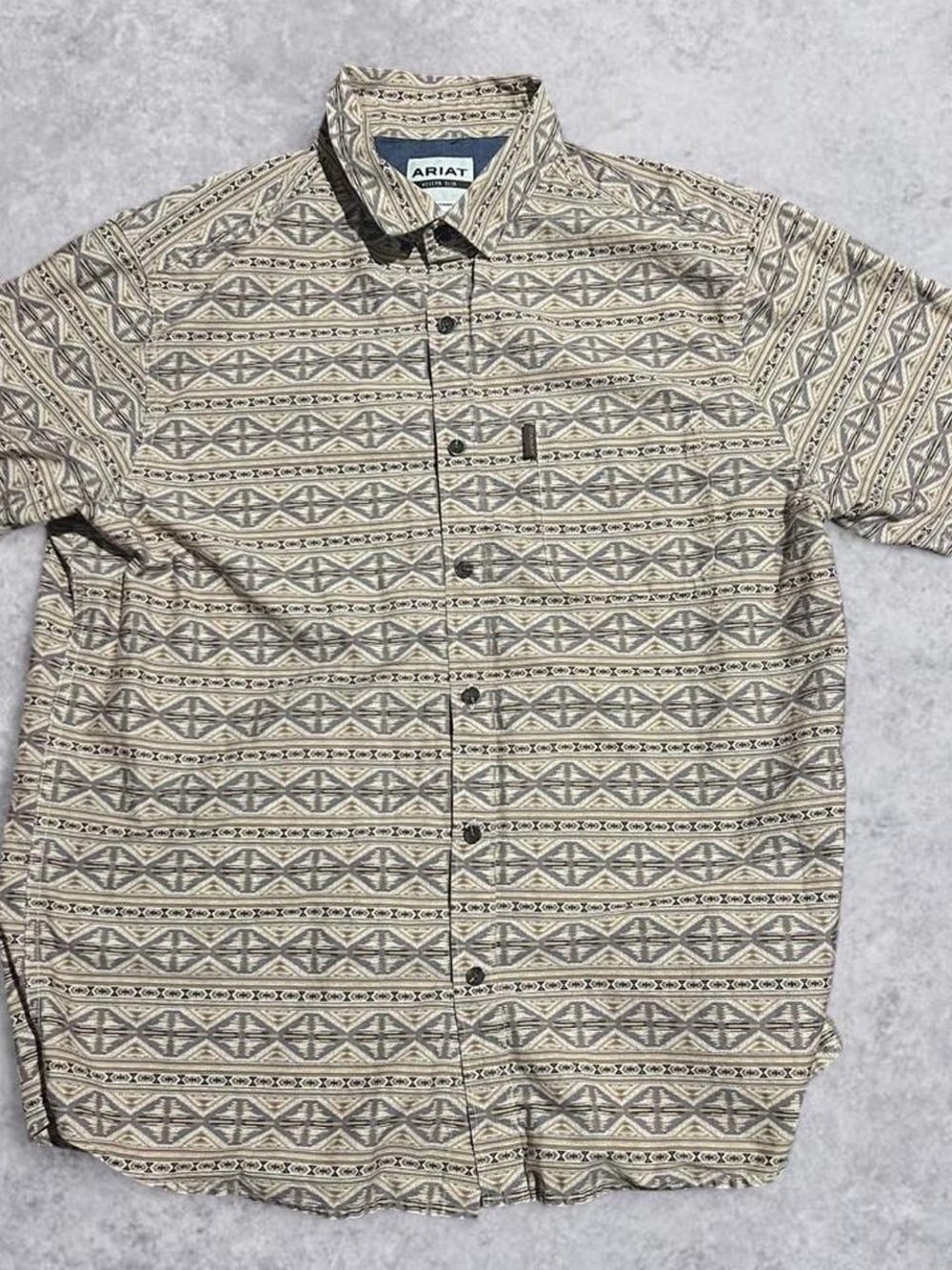 Ariat Merritt Modern Fit Tan Aztec Print Button-Down Short Sleeve Shirt Mens XL